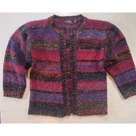 Vintage 80s Leroy Knitwear Chunky Knit Open Cardigan Sz LG Jewel Tones Cozycore - Picture 9 of 11